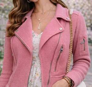 One Girl Who Pink Chunky Knit Moto Biker Sweater Jacket